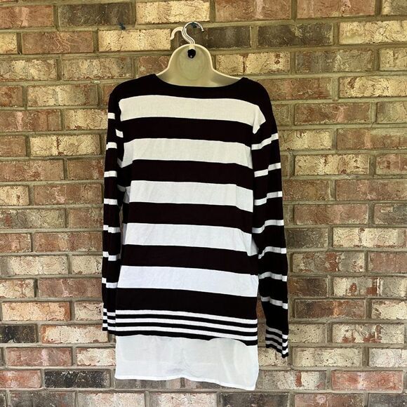 Calvin Klein Womens Striped V-Neck Long Sleeve Pullover Knit Sweater Black Large - Picture 2 of 2